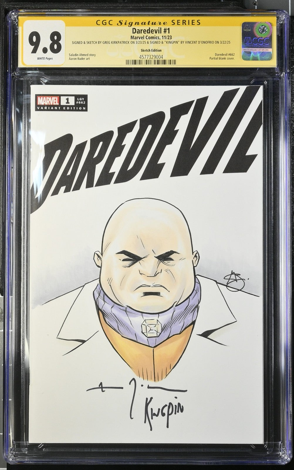 Daredevil #1 (2023) CGC SS 9.8 Signed by Vincent D'onofrio W/ Kirkpatrick Sketch