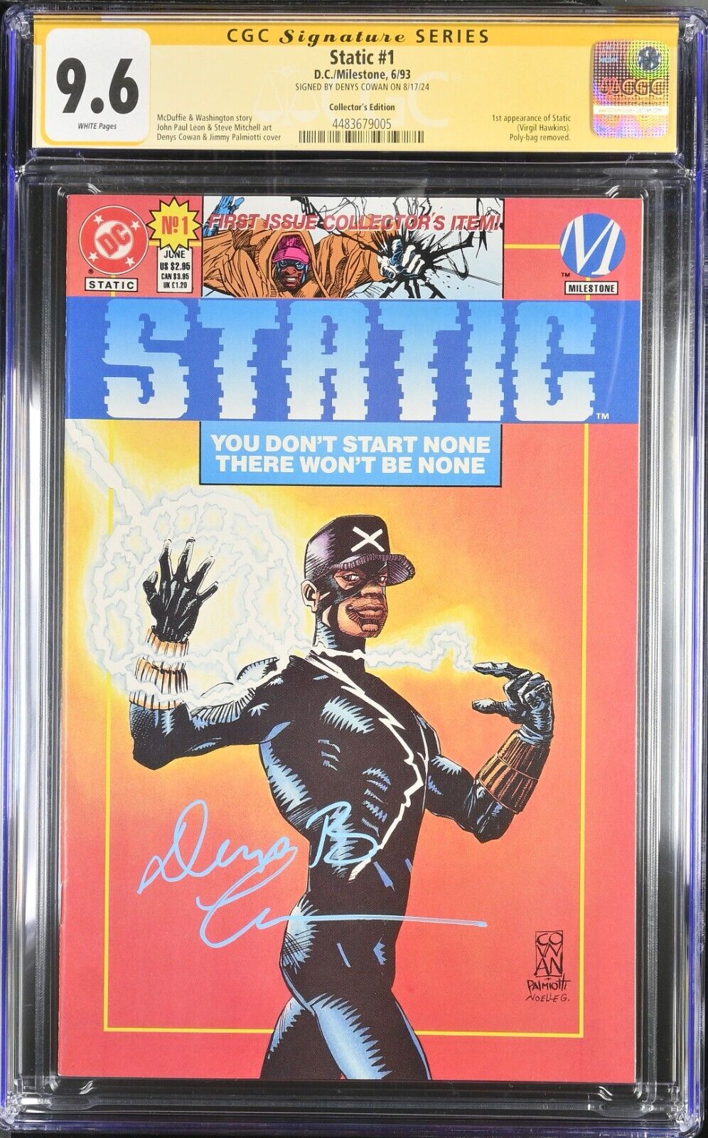 Static #1 Collector's Edition DC & Milestone CGC SS 9.6 Signed Denys Cowan NM+