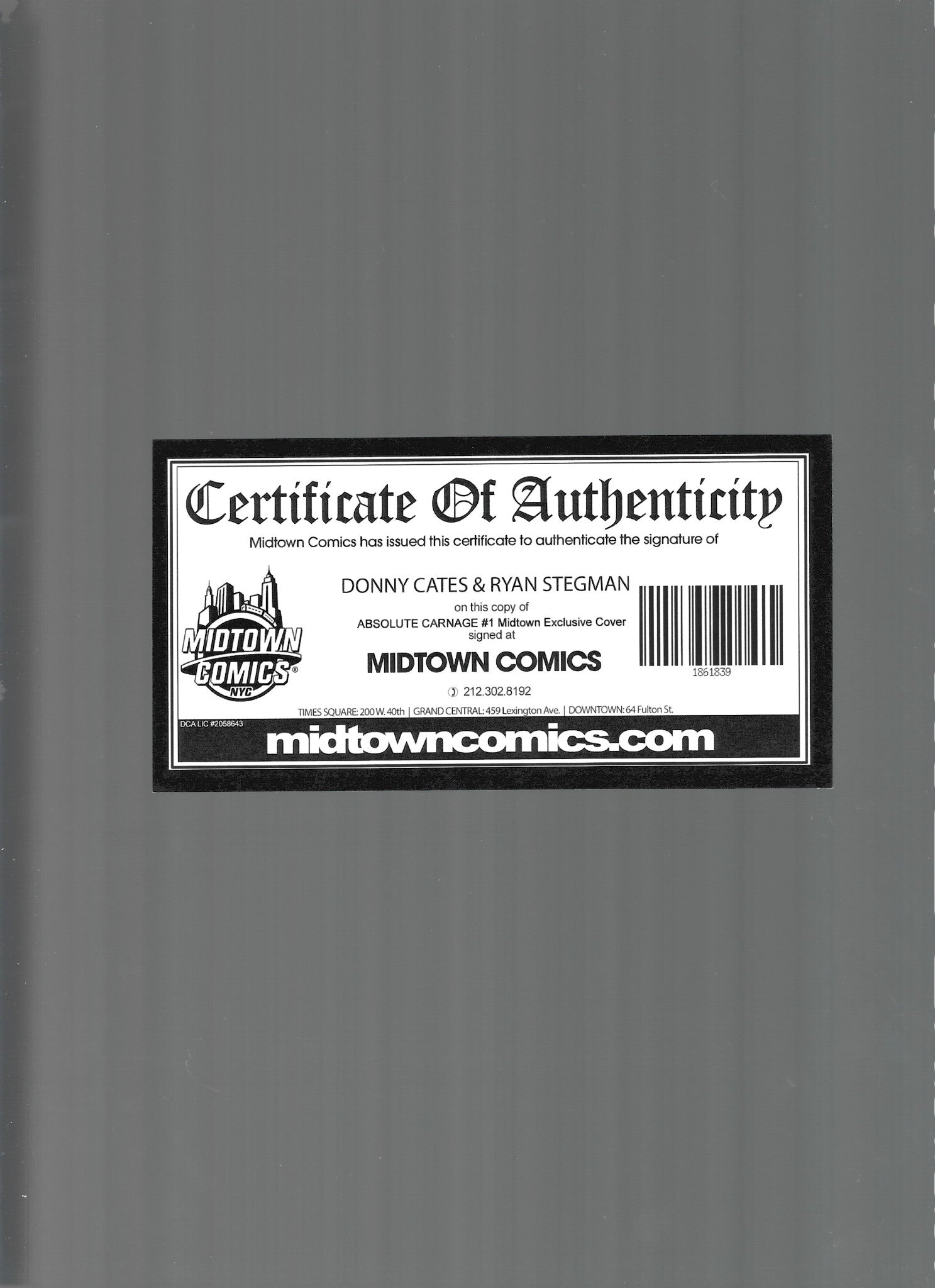 Absolute Carnage #1 2019 Midtown Exclusive Sig. by Cates & Stegman VF/NM (LF007)