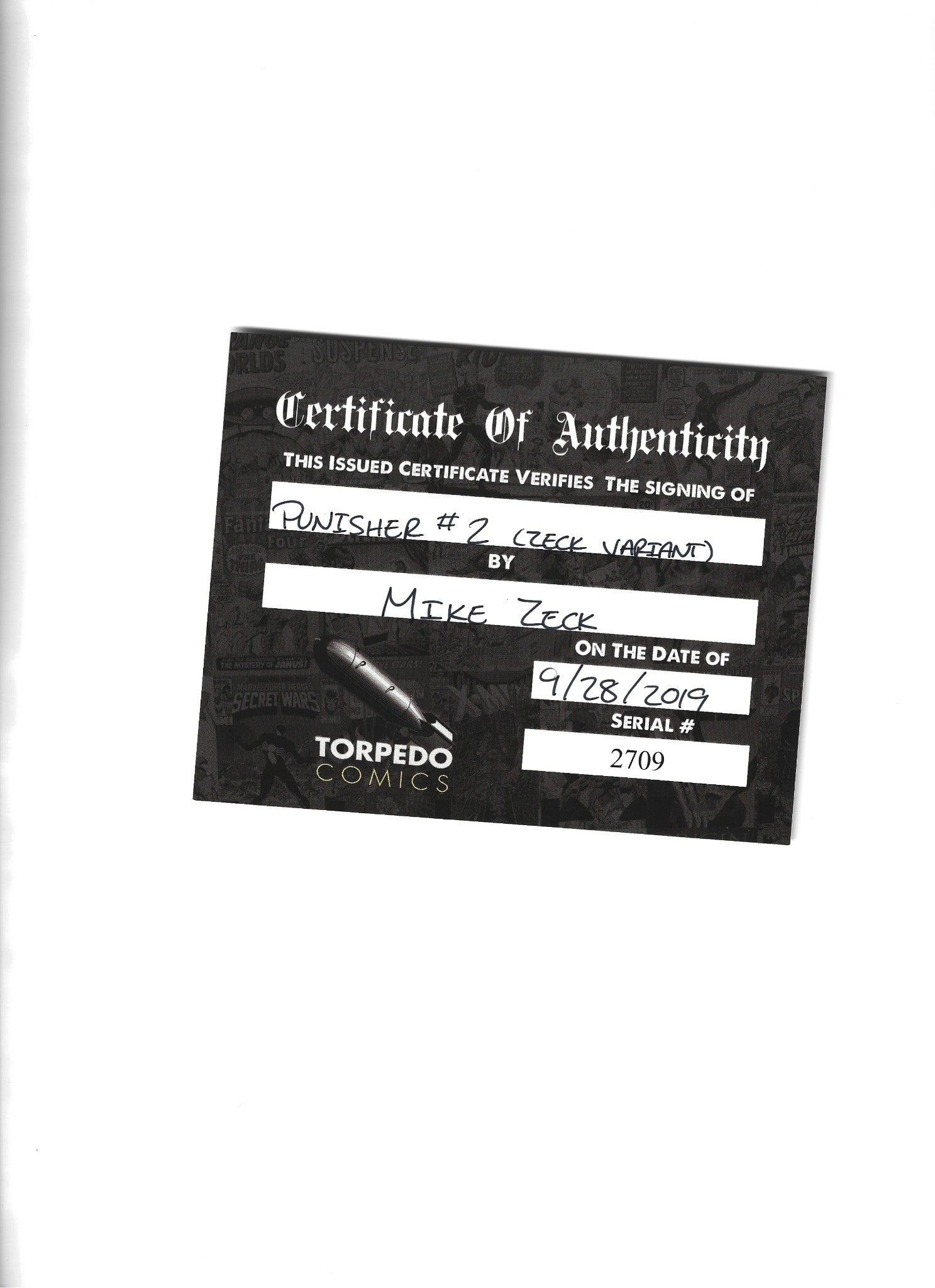 Punisher #2 (2018) Mike Zeck Variant Signed w/ COA Limited 3000 NM (LF005)